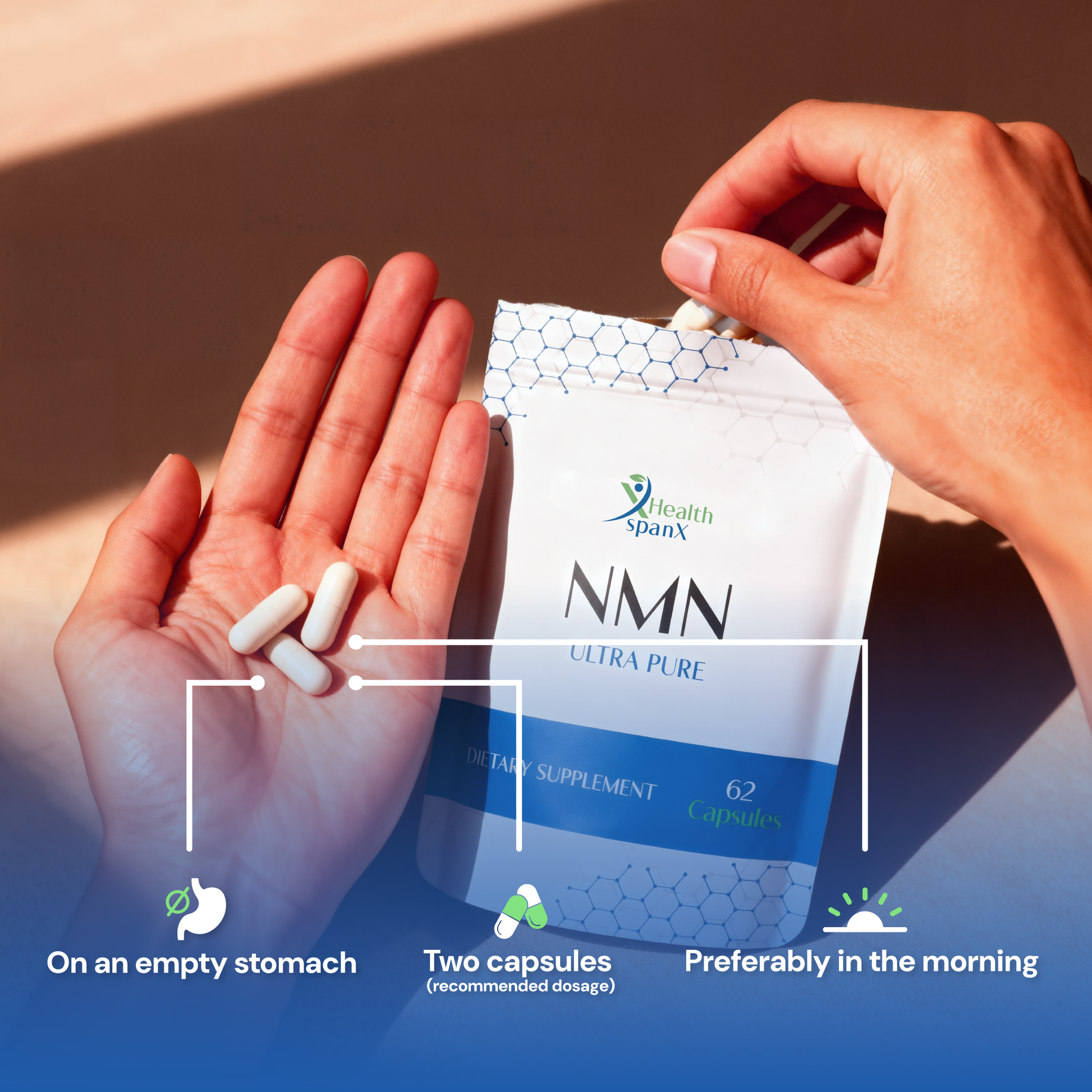 Person holding HealthspanX NMN capsules with packaging and usage instructions.