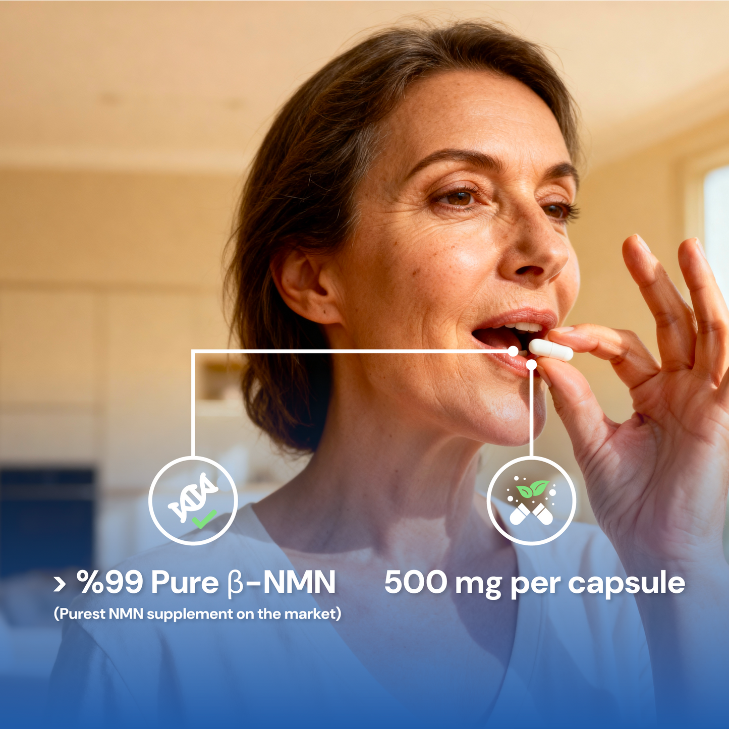 Woman taking Ultra Pure NMN supplement capsule with text showing purity and serving per capsule.