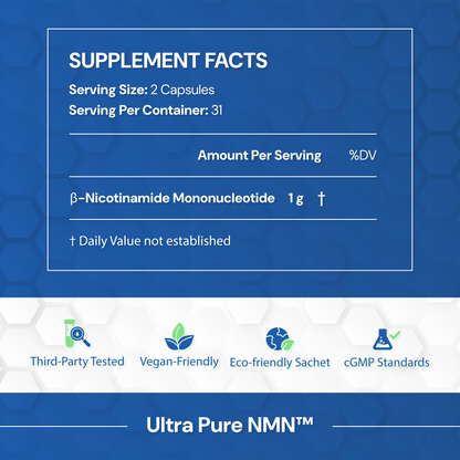 Supplement facts label for Ultra Pure NMN with blue background and white text.