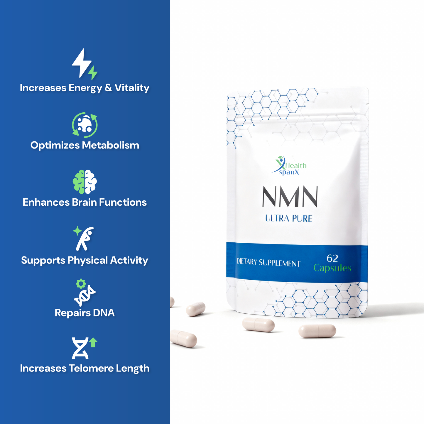 Ultra Pure NMN dietary supplement package with benefits listed on a blue background